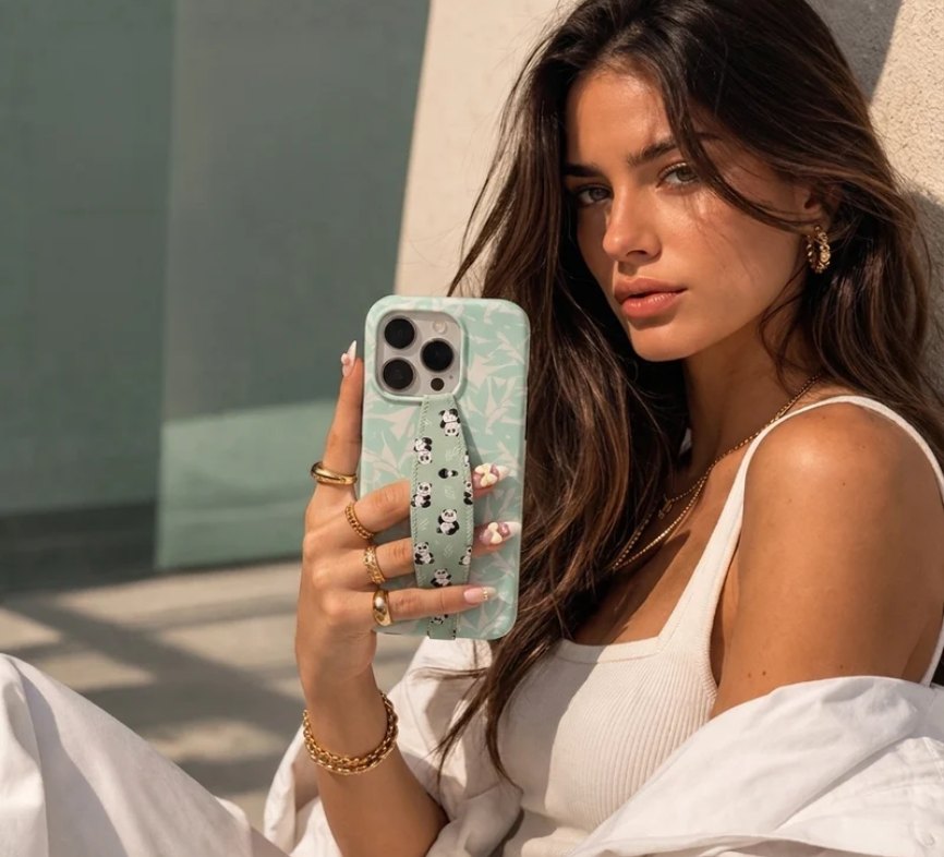 Woman holding a mint phone with the Pandamodium panda strap