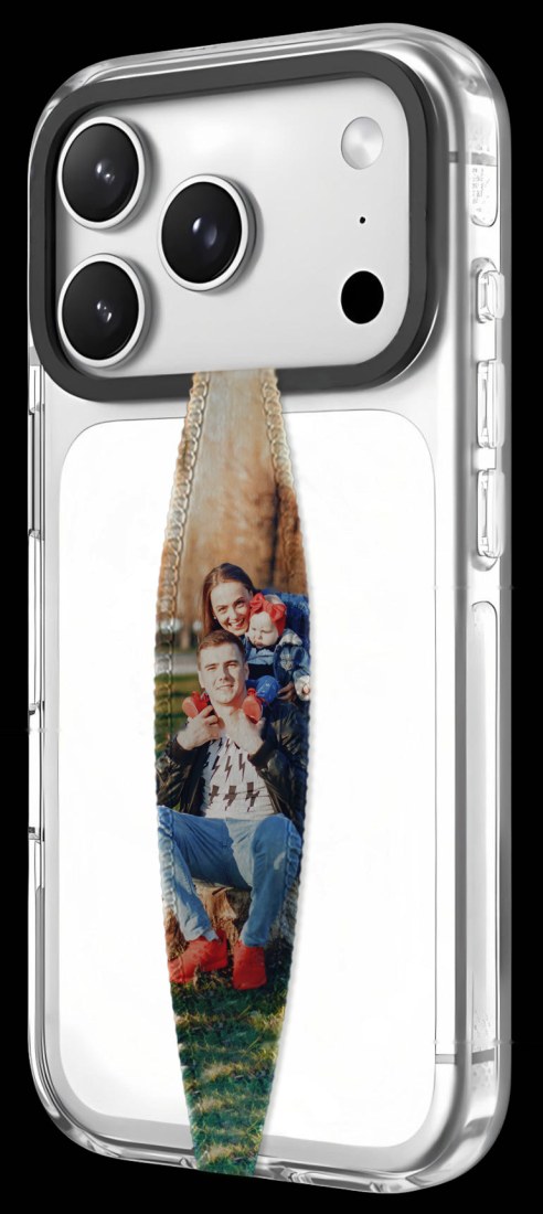 iPhone in a clear case with a custom strap printed with a family photo
