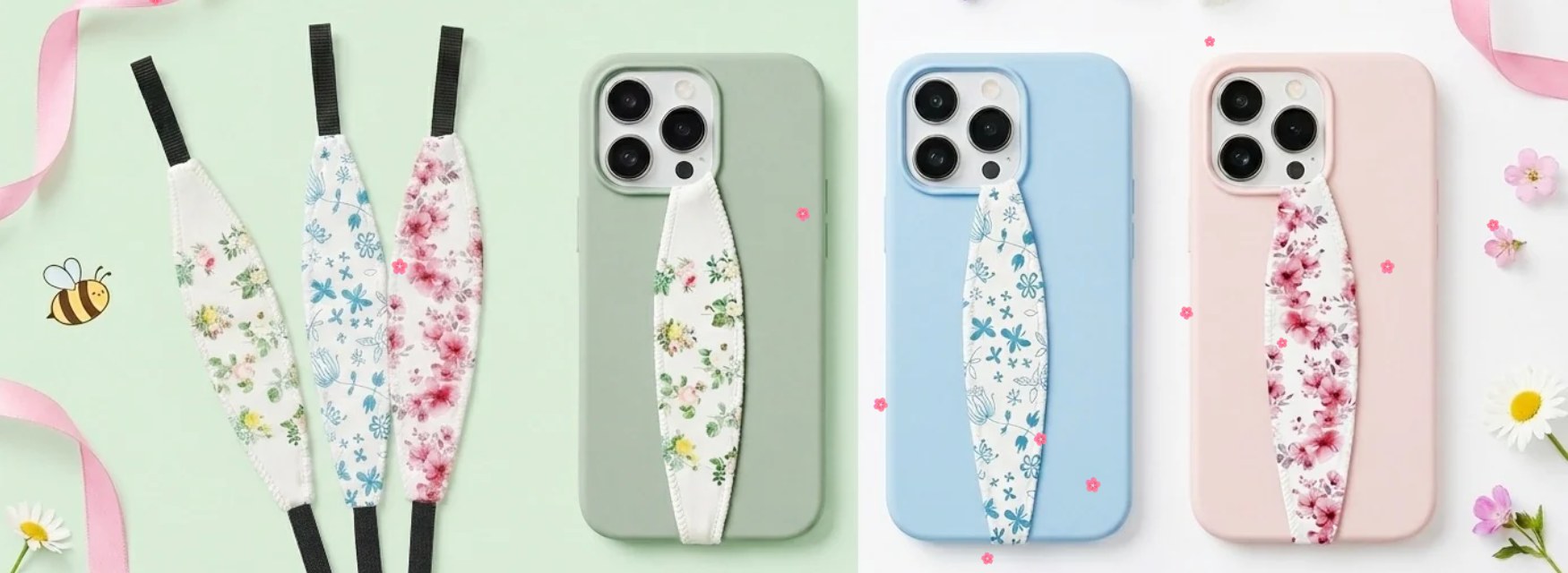 Floral grip straps laid out beside mint, blue and pink phone cases with ribbons and daisies