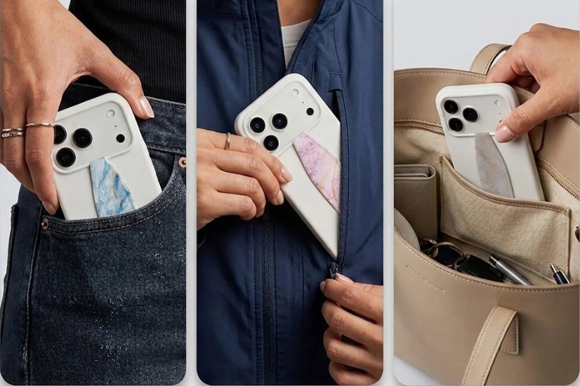 Phones with straps sliding into a jeans pocket, jacket and handbag