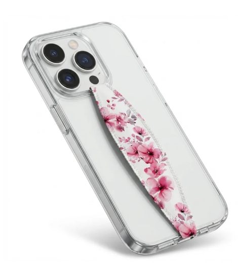 Clear iPhone case with a pink floral grip strap