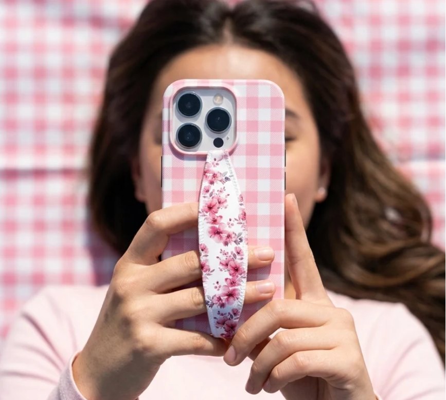 Pink gingham case with floral strap