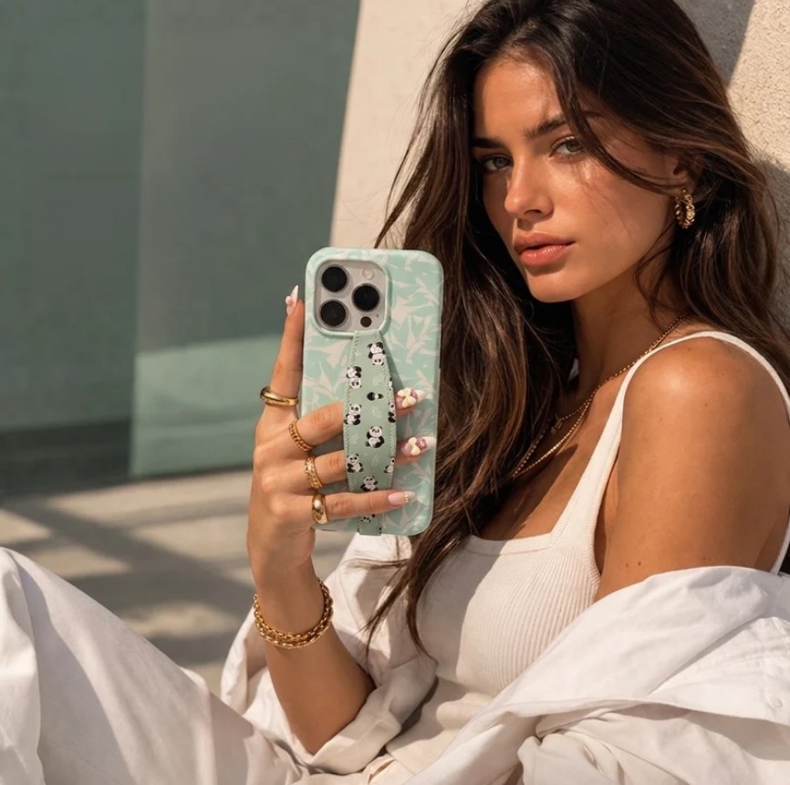 Woman holding an iPhone with a mint panda-print Switchbands grip strap