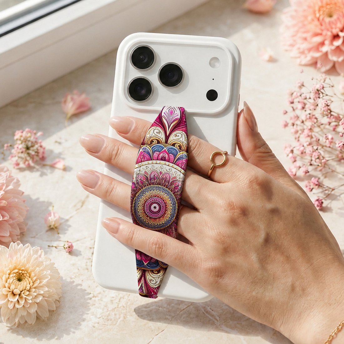 Serenity Spiral mandala strap on a phone